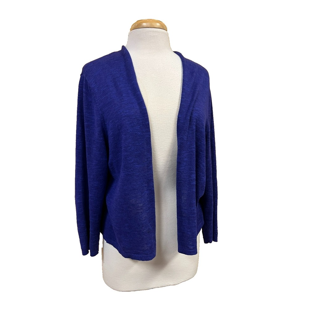 Eileen Fisher Cardigan Sweater Purple Linen Cotton Open‎ Front 3/4 Sleeve XL